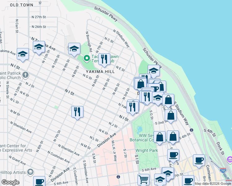 map of restaurants, bars, coffee shops, grocery stores, and more near 315 North G Street in Tacoma