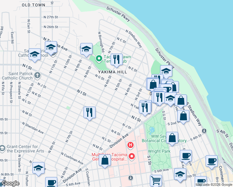 map of restaurants, bars, coffee shops, grocery stores, and more near 509 North Yakima Avenue in Tacoma