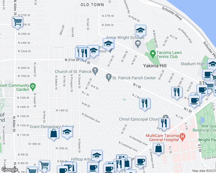 map of restaurants, bars, coffee shops, grocery stores, and more near 1020 North J Street in Tacoma