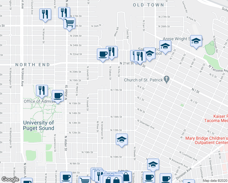 map of restaurants, bars, coffee shops, grocery stores, and more near 1702 North Fife Street in Tacoma