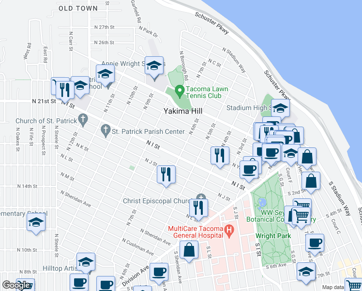 map of restaurants, bars, coffee shops, grocery stores, and more near 602 North Yakima Avenue in Tacoma