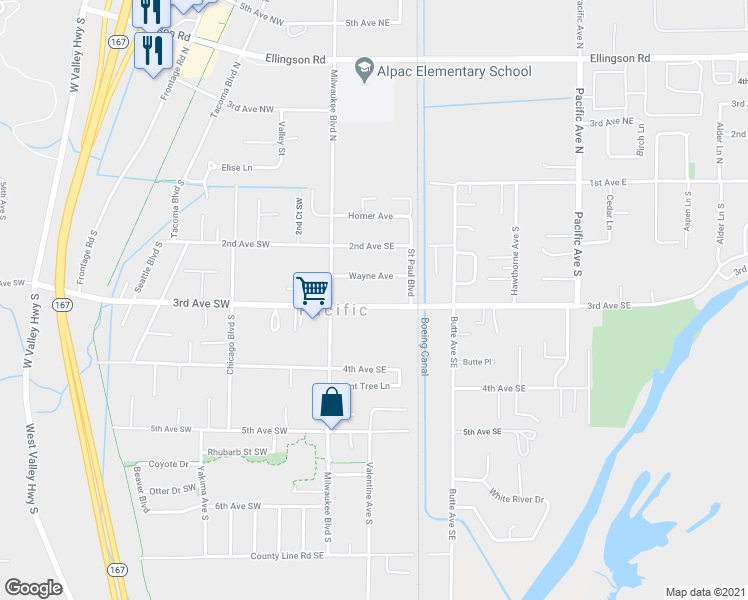 map of restaurants, bars, coffee shops, grocery stores, and more near 123 3rd Avenue Southeast in Pacific