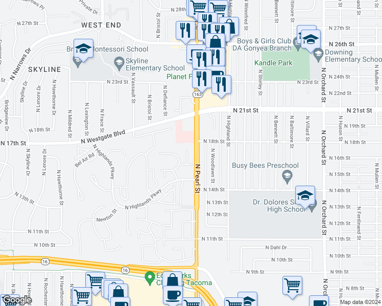 map of restaurants, bars, coffee shops, grocery stores, and more near 1605 North Visscher Street in Tacoma