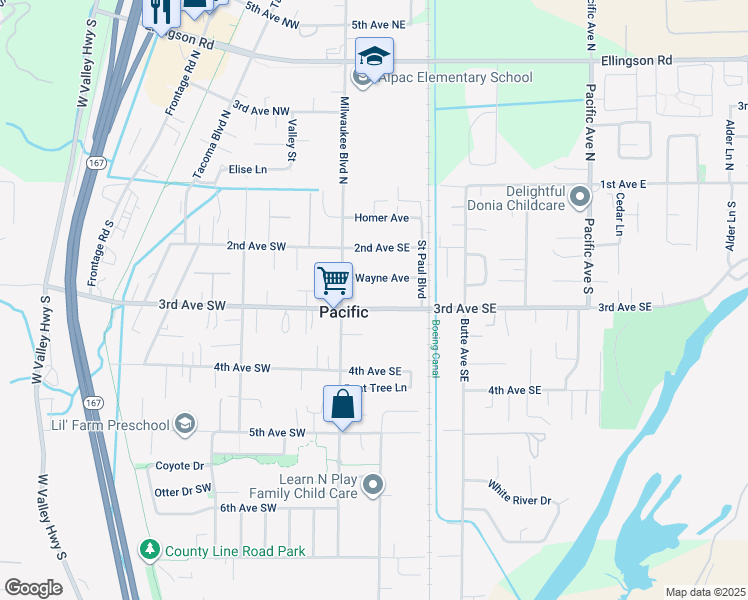 map of restaurants, bars, coffee shops, grocery stores, and more near 123 3rd Avenue Southeast in Pacific