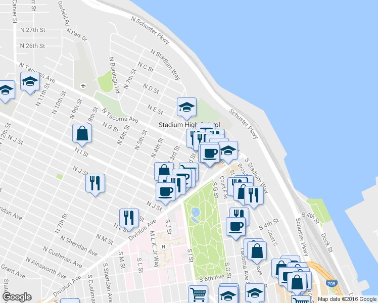 map of restaurants, bars, coffee shops, grocery stores, and more near 220 North Tacoma Avenue in Tacoma