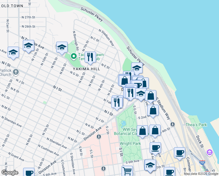 map of restaurants, bars, coffee shops, grocery stores, and more near 315 North G Street in Tacoma