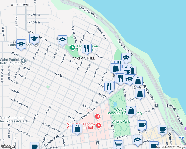 map of restaurants, bars, coffee shops, grocery stores, and more near 402 North G Street in Tacoma