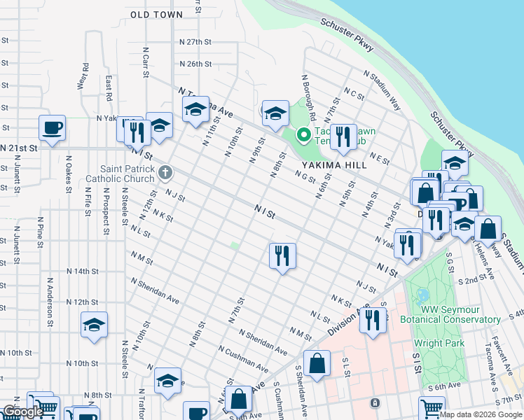 map of restaurants, bars, coffee shops, grocery stores, and more near North I Street in Tacoma