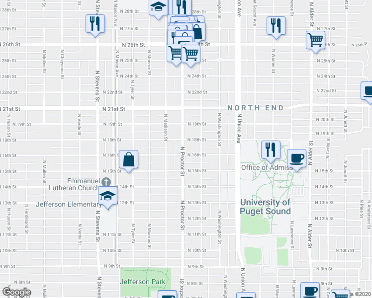 map of restaurants, bars, coffee shops, grocery stores, and more near 1607 North Proctor Street in Tacoma