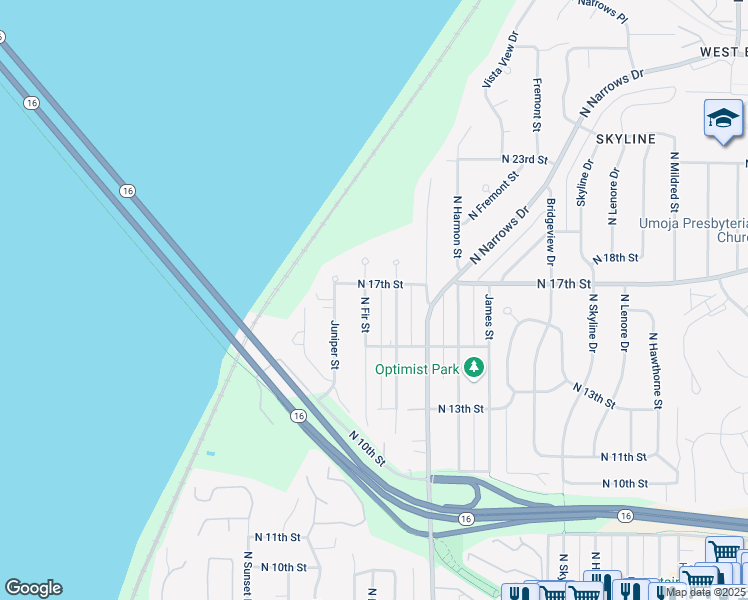 map of restaurants, bars, coffee shops, grocery stores, and more near 1535 North Fir Street in Tacoma