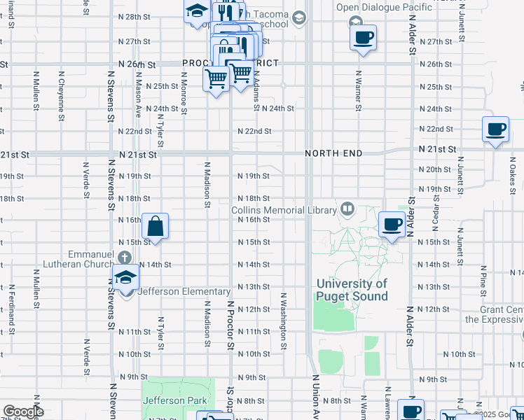 map of restaurants, bars, coffee shops, grocery stores, and more near 1609 North Adams Street in Tacoma