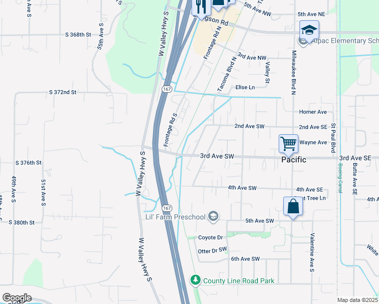 map of restaurants, bars, coffee shops, grocery stores, and more near 314 3rd Avenue Southwest in Pacific