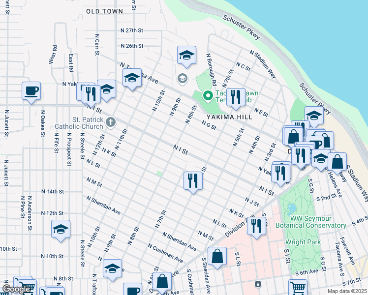 map of restaurants, bars, coffee shops, grocery stores, and more near in Tacoma