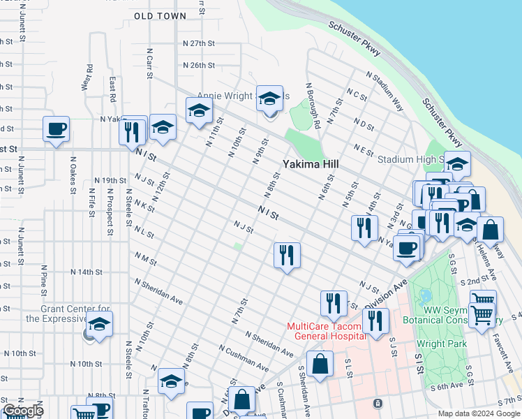 map of restaurants, bars, coffee shops, grocery stores, and more near North I Street in Tacoma