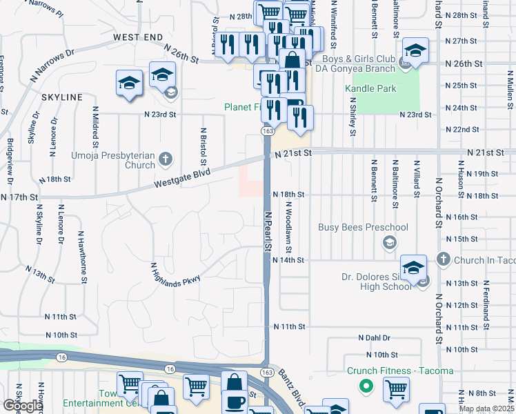 map of restaurants, bars, coffee shops, grocery stores, and more near 1605 North Visscher Street in Tacoma