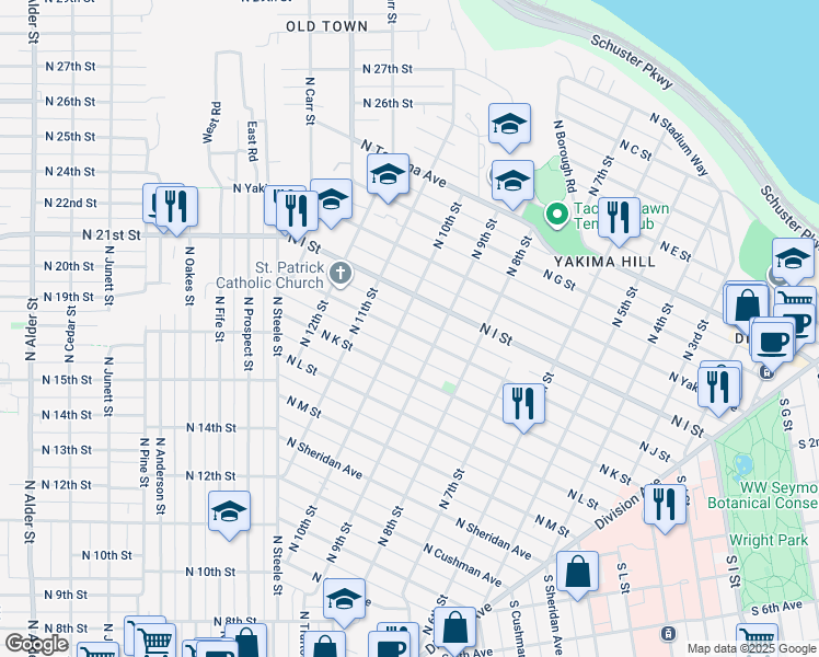map of restaurants, bars, coffee shops, grocery stores, and more near 923 North J Street in Tacoma