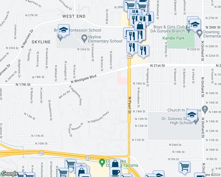 map of restaurants, bars, coffee shops, grocery stores, and more near 6117 North 16th Street in Tacoma
