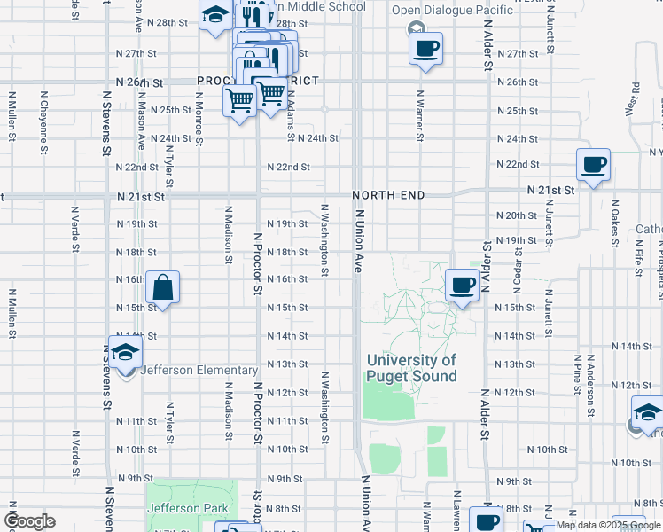 map of restaurants, bars, coffee shops, grocery stores, and more near 1609 North Washington Street in Tacoma