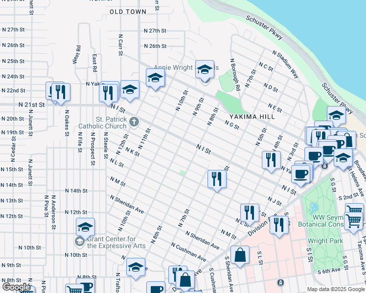 map of restaurants, bars, coffee shops, grocery stores, and more near 906 North 9th Street in Tacoma