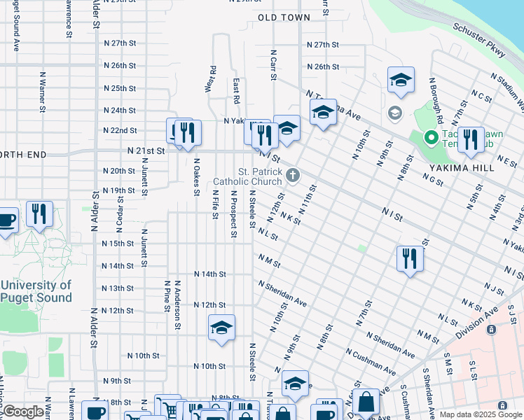 map of restaurants, bars, coffee shops, grocery stores, and more near 1212 North K Street in Tacoma