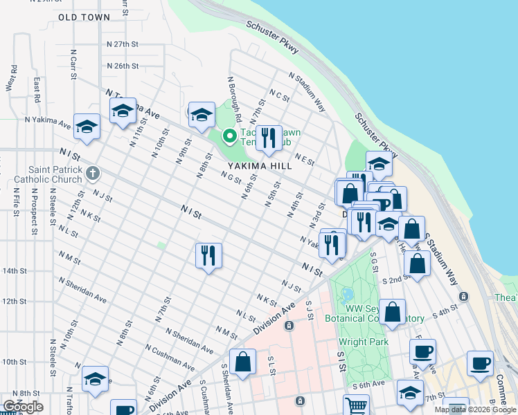 map of restaurants, bars, coffee shops, grocery stores, and more near 509 North Yakima Avenue in Tacoma