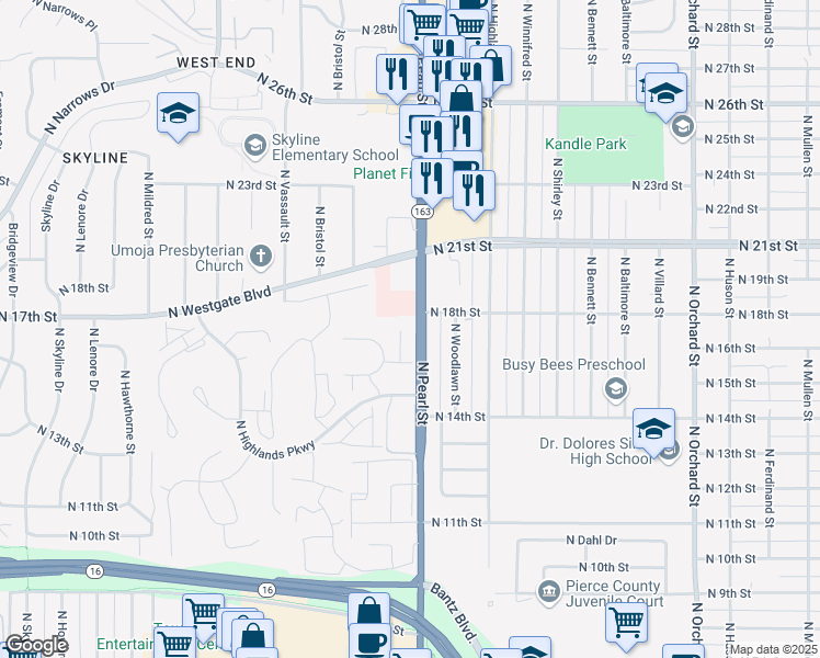 map of restaurants, bars, coffee shops, grocery stores, and more near 1605 North Visscher Street in Tacoma
