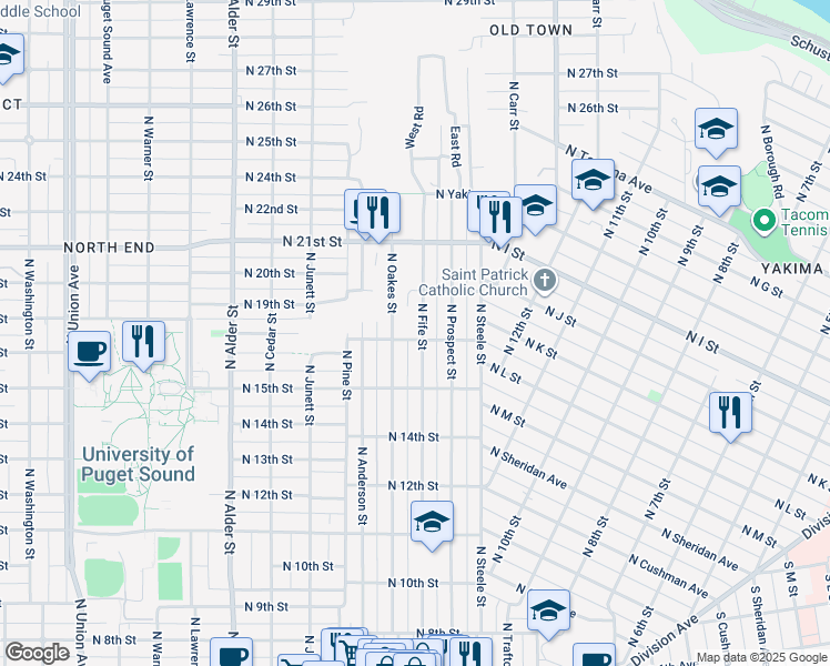 map of restaurants, bars, coffee shops, grocery stores, and more near 1702 North Fife Street in Tacoma
