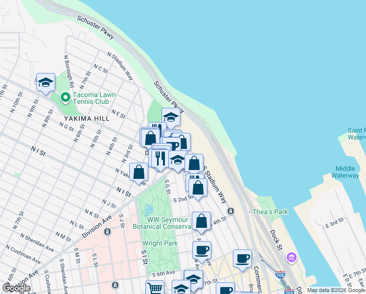 map of restaurants, bars, coffee shops, grocery stores, and more near 7 North Broadway Street in Tacoma