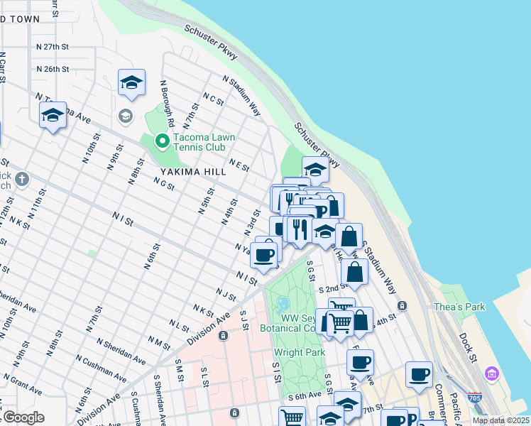 map of restaurants, bars, coffee shops, grocery stores, and more near 220 North Tacoma Avenue in Tacoma