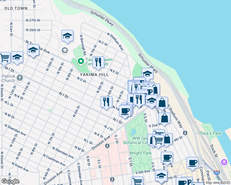 map of restaurants, bars, coffee shops, grocery stores, and more near 315 North G Street in Tacoma
