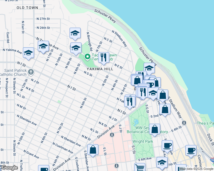 map of restaurants, bars, coffee shops, grocery stores, and more near 402 North G Street in Tacoma