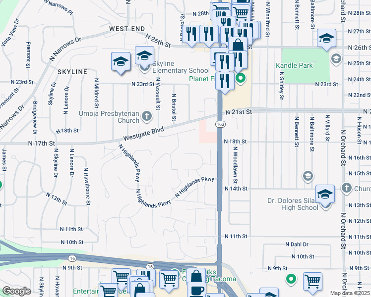 map of restaurants, bars, coffee shops, grocery stores, and more near 6123 North 16th Street in Tacoma