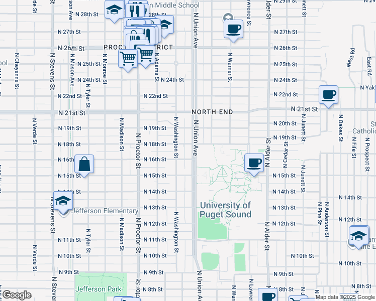 map of restaurants, bars, coffee shops, grocery stores, and more near 1614 North Union Avenue in Tacoma