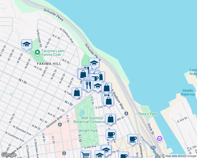 map of restaurants, bars, coffee shops, grocery stores, and more near 25 North Broadway Street in Tacoma