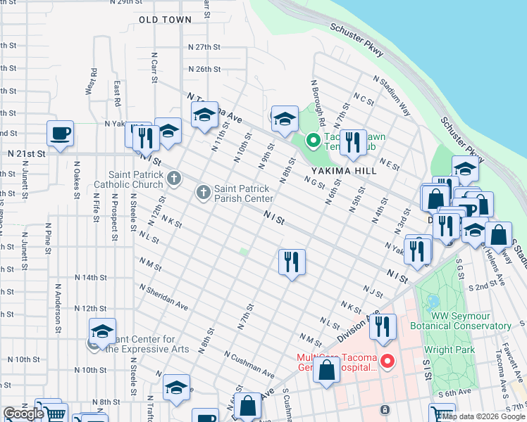 map of restaurants, bars, coffee shops, grocery stores, and more near in Tacoma