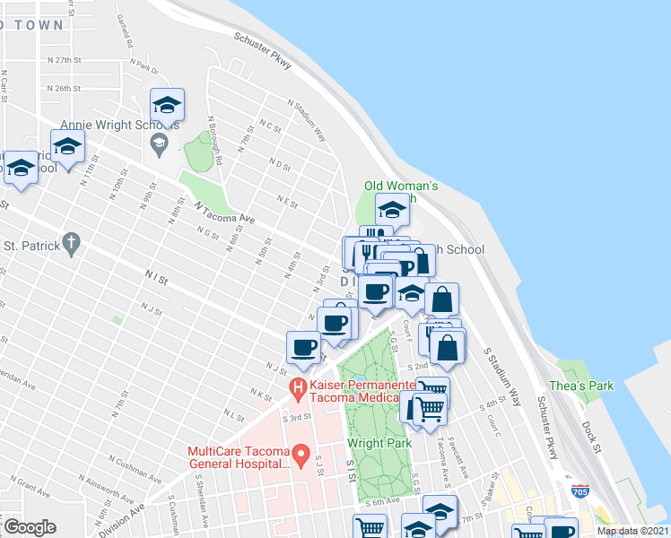map of restaurants, bars, coffee shops, grocery stores, and more near 220 North Tacoma Avenue in Tacoma