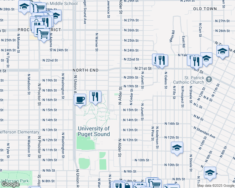 map of restaurants, bars, coffee shops, grocery stores, and more near 3200 North 17th Street in Tacoma