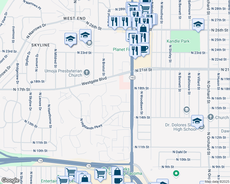 map of restaurants, bars, coffee shops, grocery stores, and more near 6111 North 16th Street in Tacoma