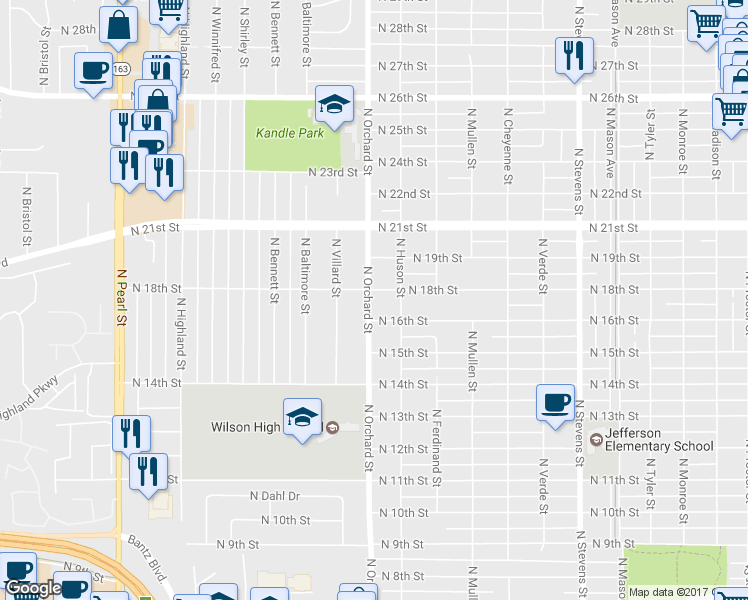 map of restaurants, bars, coffee shops, grocery stores, and more near 5020 North 18th Street in Tacoma