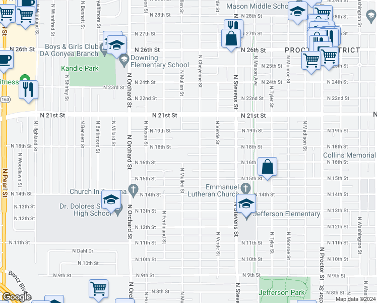 map of restaurants, bars, coffee shops, grocery stores, and more near 4616 North 18th Street in Tacoma