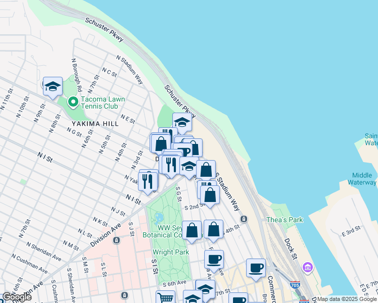 map of restaurants, bars, coffee shops, grocery stores, and more near 25 North Broadway Street in Tacoma