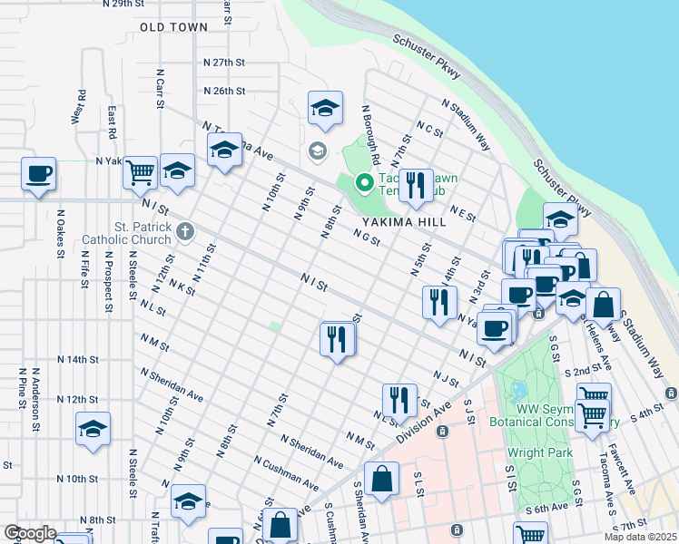 map of restaurants, bars, coffee shops, grocery stores, and more near 627 North I Street in Tacoma