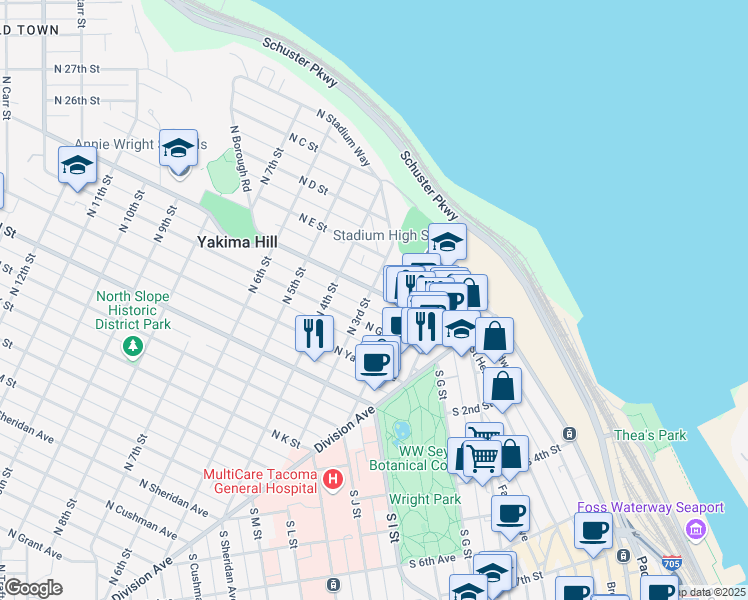 map of restaurants, bars, coffee shops, grocery stores, and more near 604 North 3rd Street in Tacoma