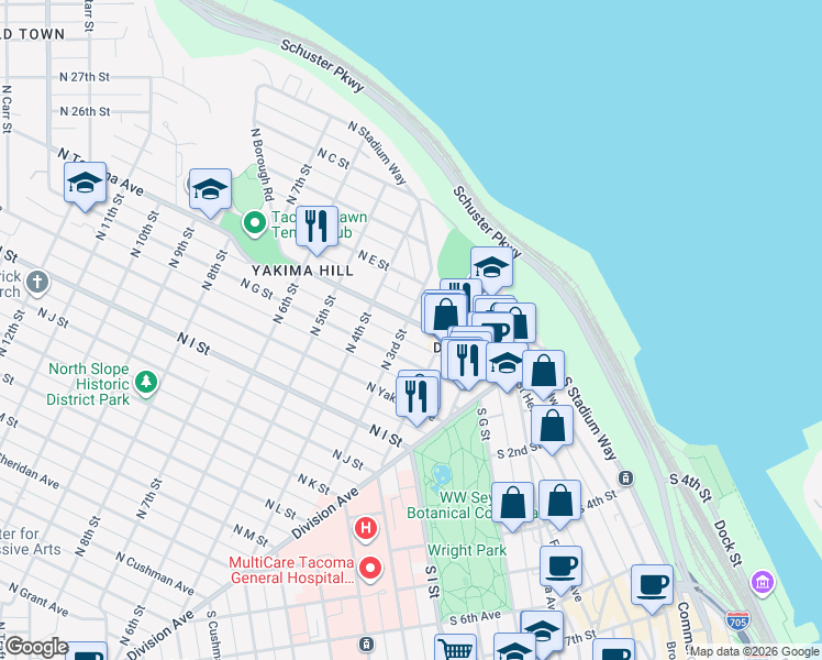 map of restaurants, bars, coffee shops, grocery stores, and more near 604 North 3rd Street in Tacoma