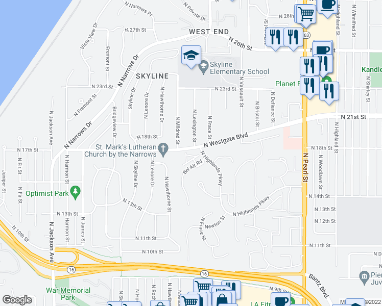 map of restaurants, bars, coffee shops, grocery stores, and more near 1372 Bel Air Road in Tacoma