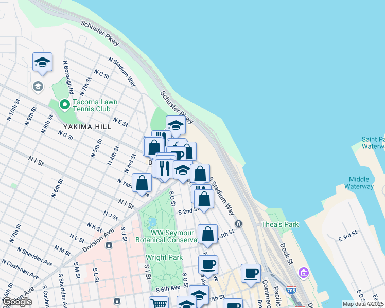 map of restaurants, bars, coffee shops, grocery stores, and more near 7 North Broadway Street in Tacoma