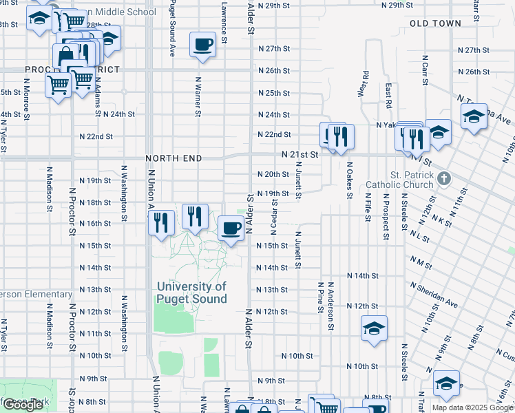 map of restaurants, bars, coffee shops, grocery stores, and more near 3200 North 17th Street in Tacoma