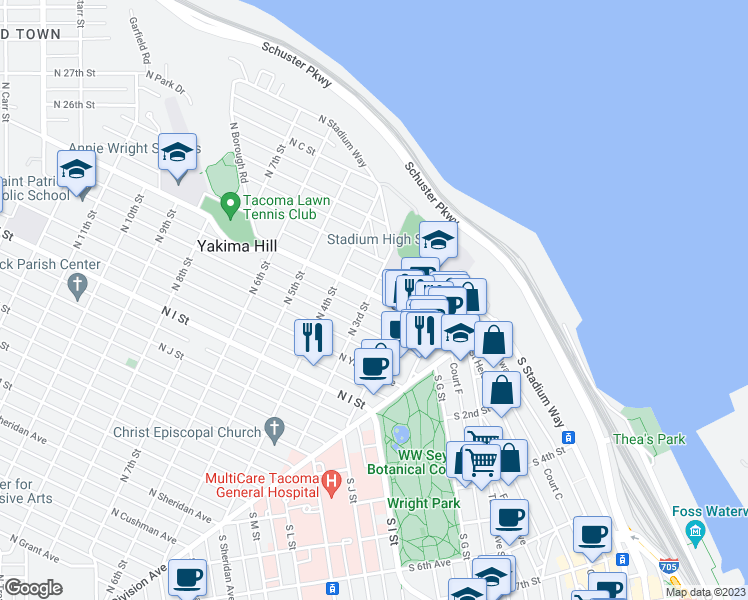 map of restaurants, bars, coffee shops, grocery stores, and more near 220 North Tacoma Avenue in Tacoma