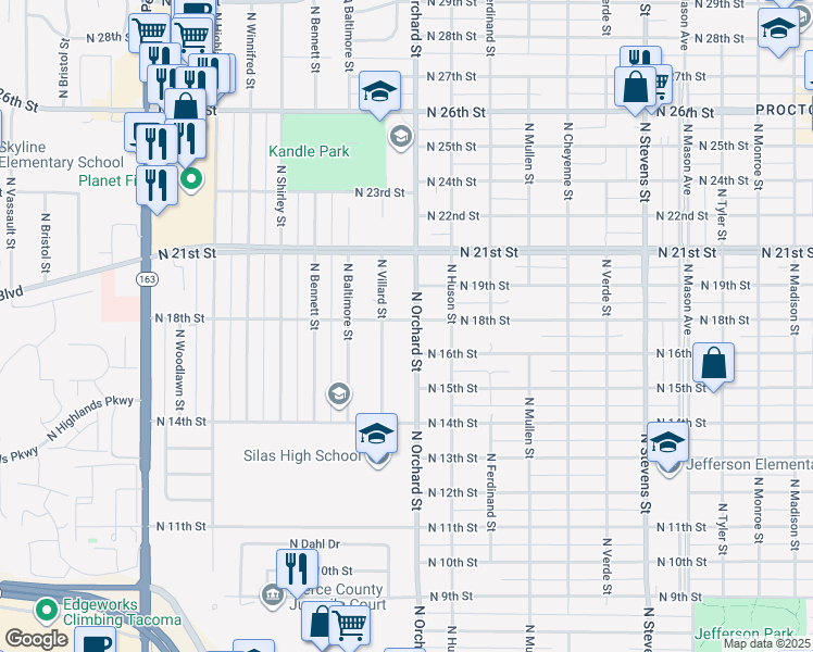 map of restaurants, bars, coffee shops, grocery stores, and more near 5020 North 18th Street in Tacoma