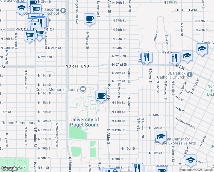map of restaurants, bars, coffee shops, grocery stores, and more near 1706 North Alder Street in Tacoma